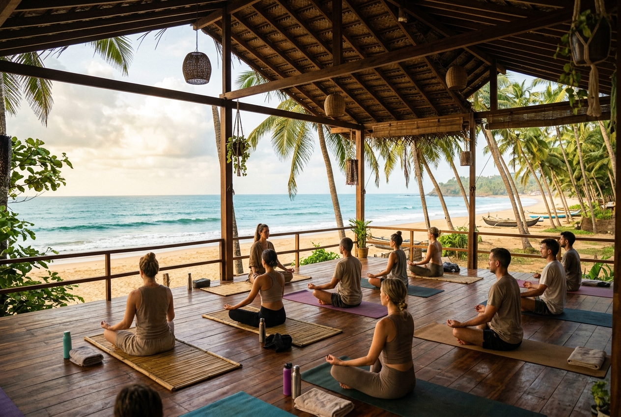 A beautiful beachfront yoga shala in Agonda, South Goa overlooking a quiet golden sand beach
