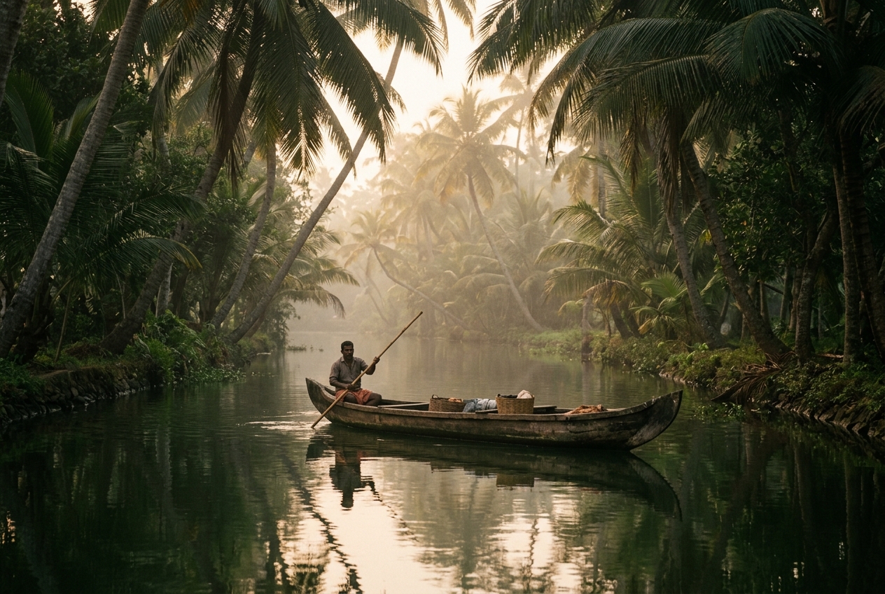 Poetic travel shot of a traditional poled wooden canoe floating on a quiet palm-fringed backwater canal in Kerala India