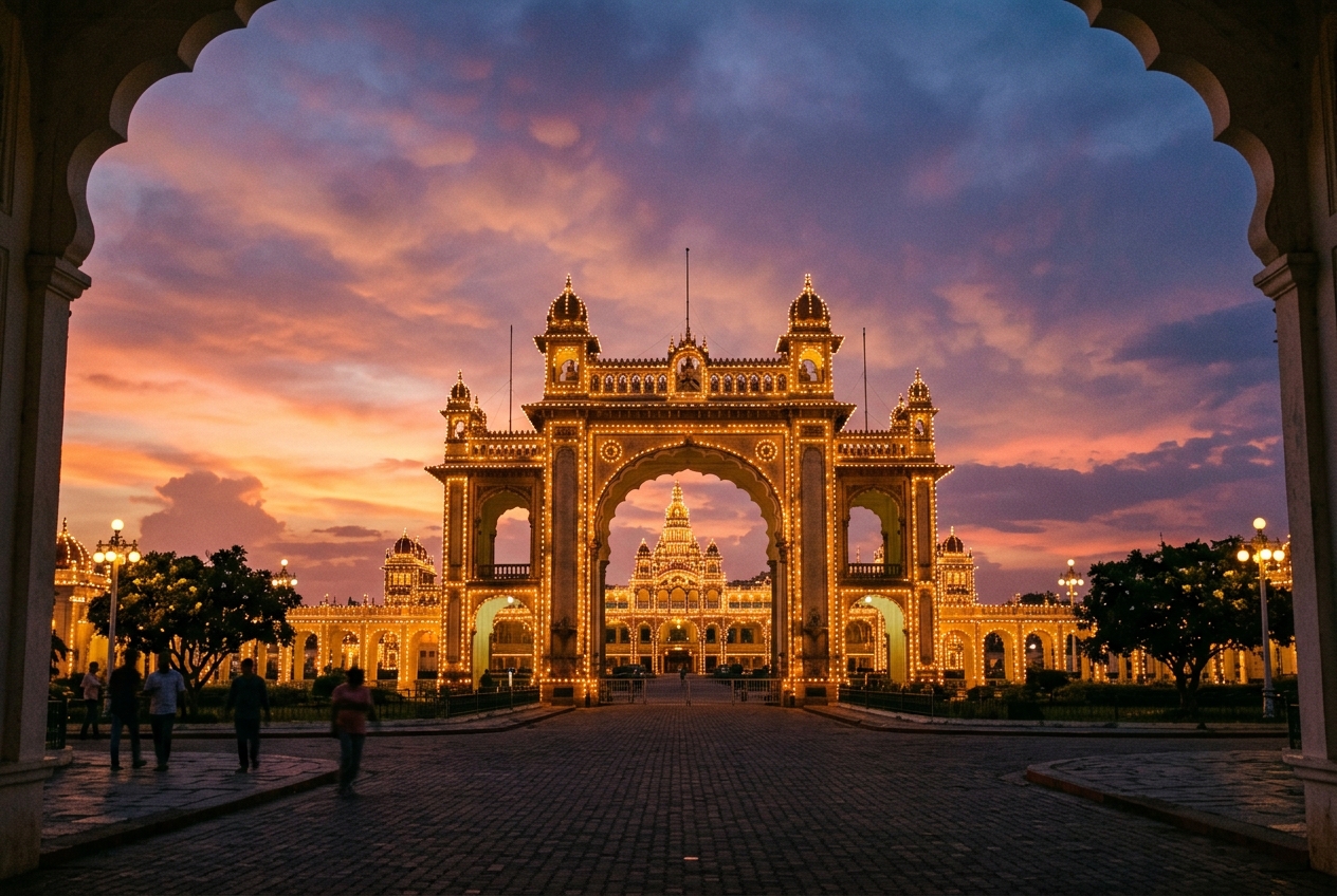 Aesthetic photography of Mysore Palace glowing with thousands of light bulbs at dusk under a purple sky