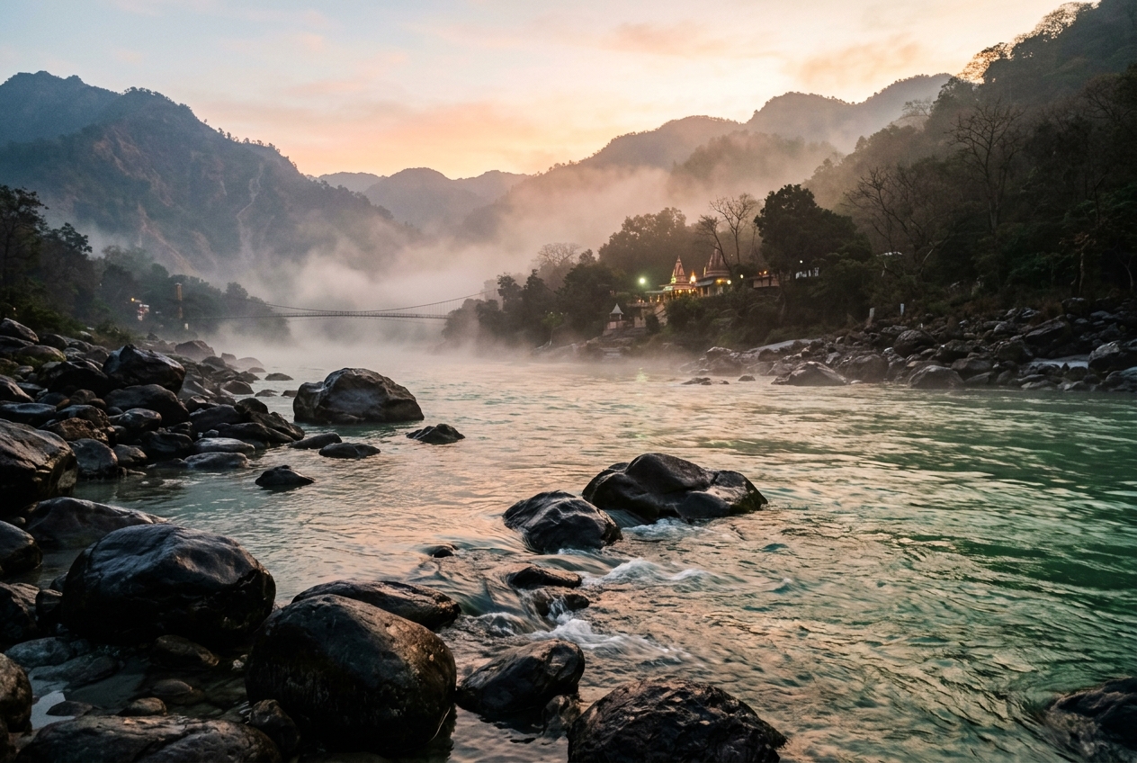 Cinematic travel photography of the clean green Ganges River flowing through rocks in Rishikesh India with Himalayan mountains in the fog