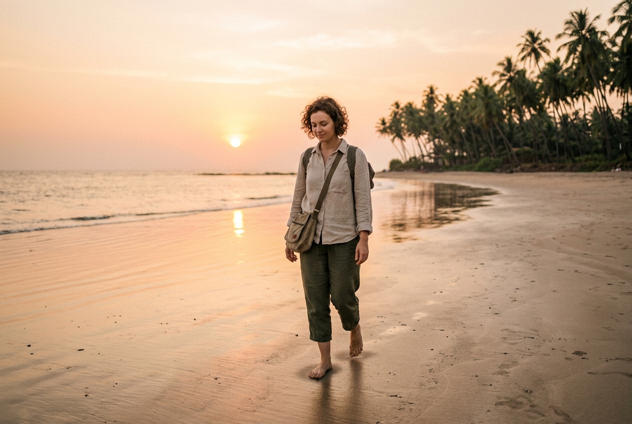 A solo female traveler walking mindfully on a wide, quiet beach in South Goa at sunset